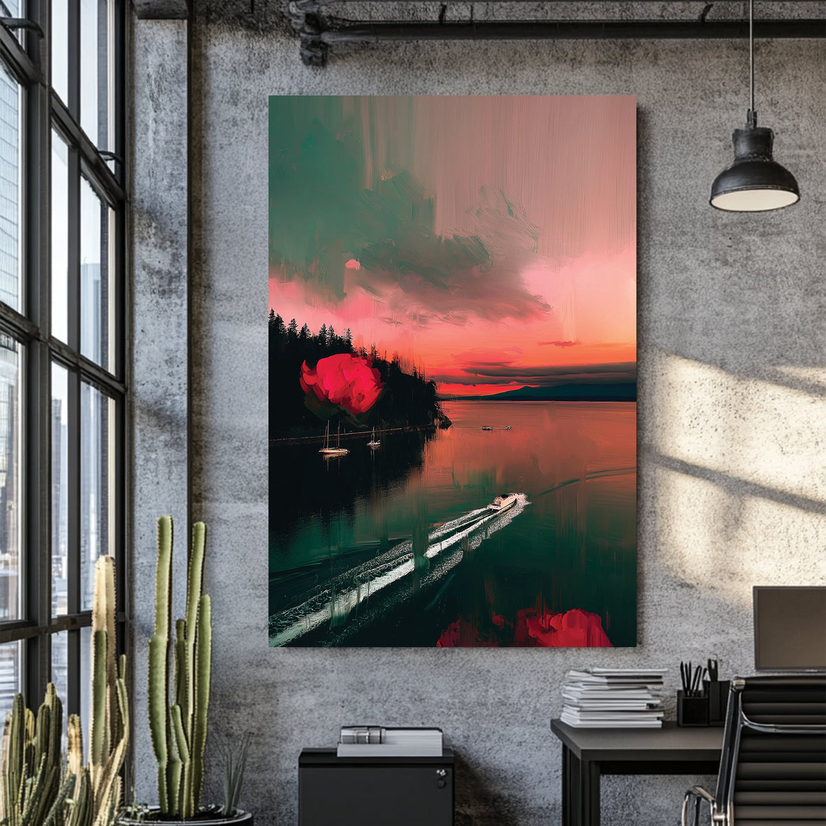 sunset wall art of Stanley Park with surreal red roses and boats in water