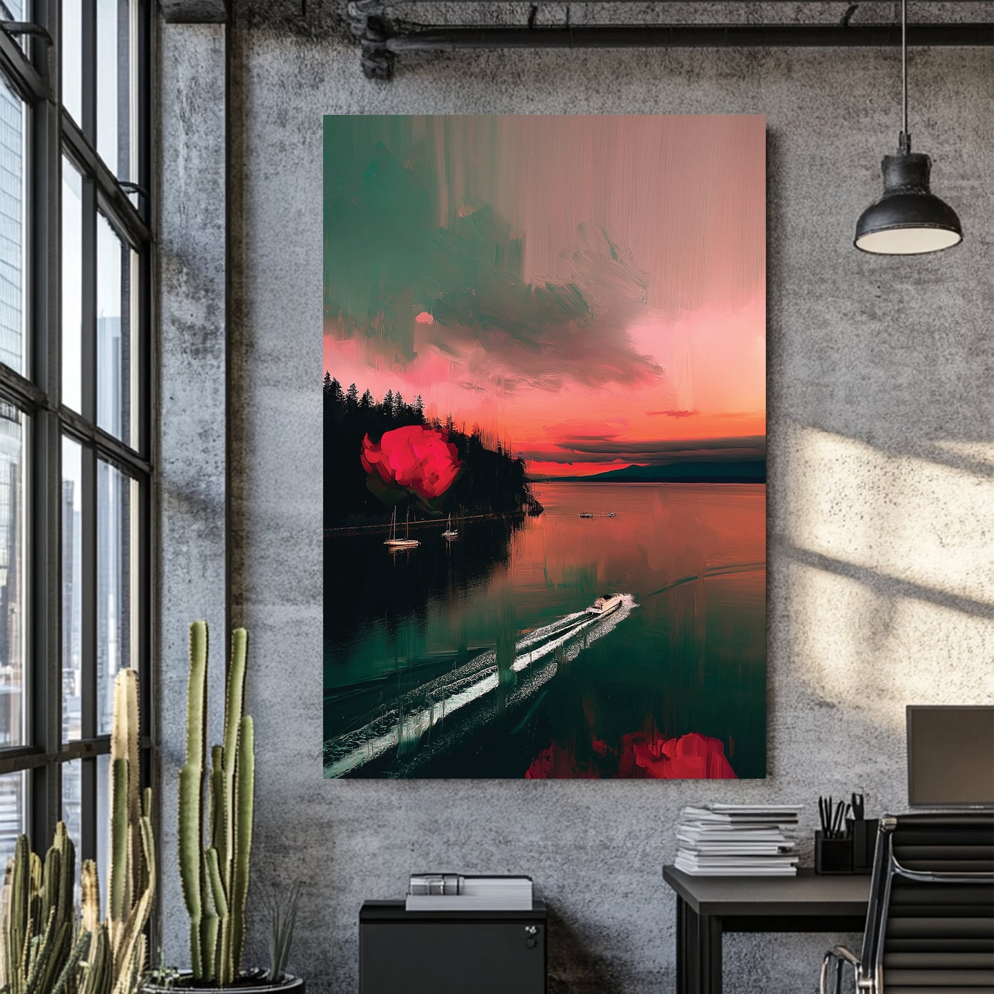 sunset wall art of Stanley Park with surreal red roses and boats in water