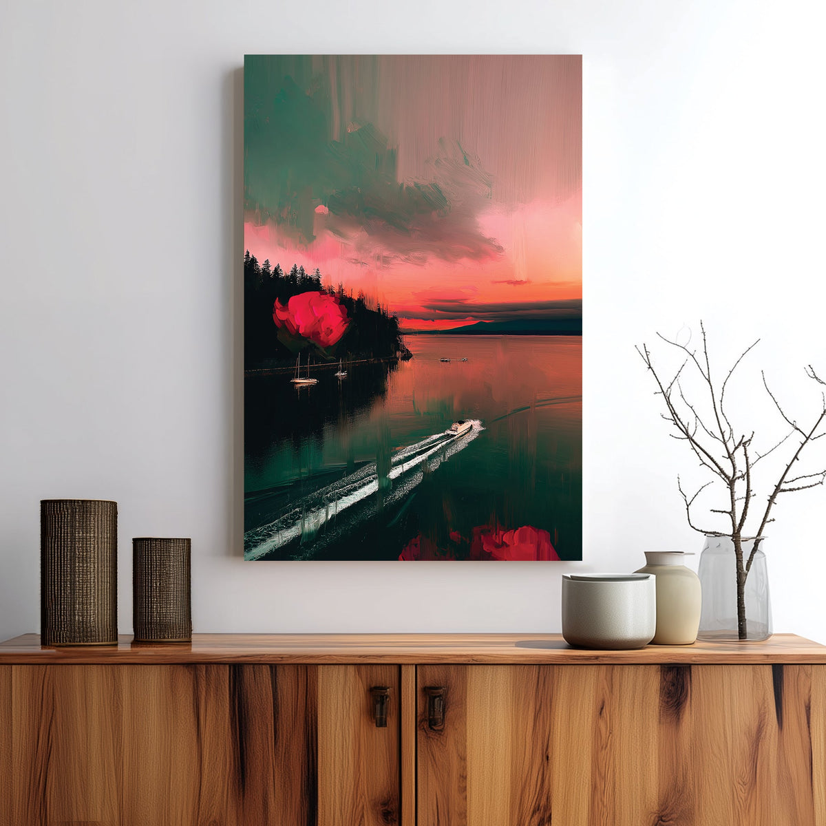 sunset wall art of Stanley Park with surreal red roses and boats in water