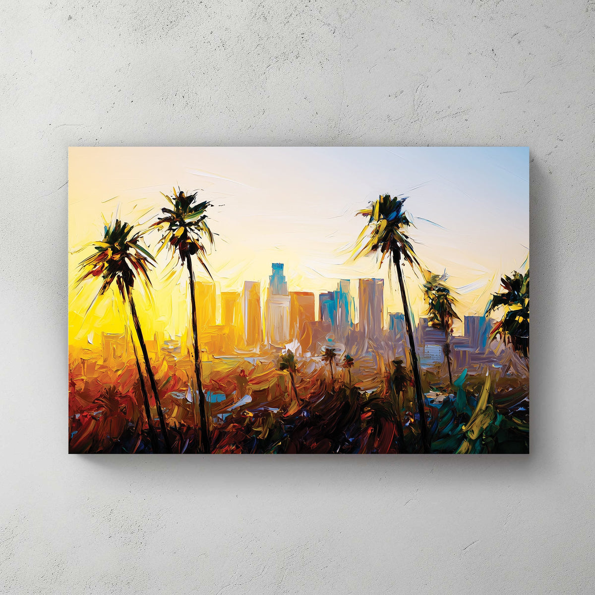 Los Angeles skyline wall art with palm trees at sunset in abstract oil painting style