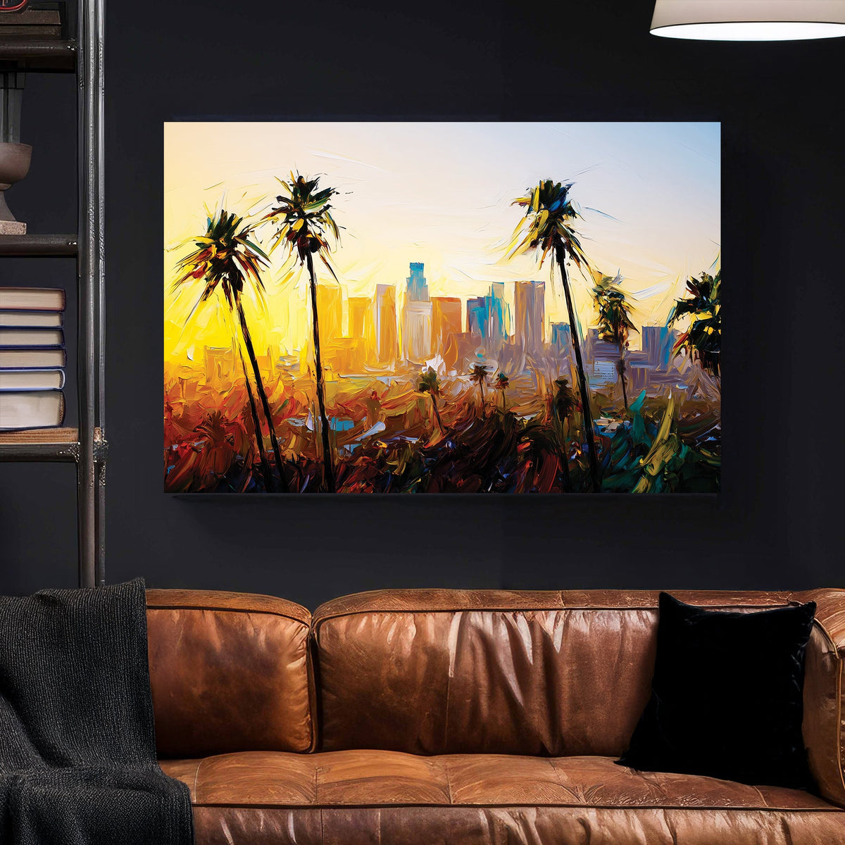 Los Angeles skyline wall art with palm trees at sunset in abstract oil painting style