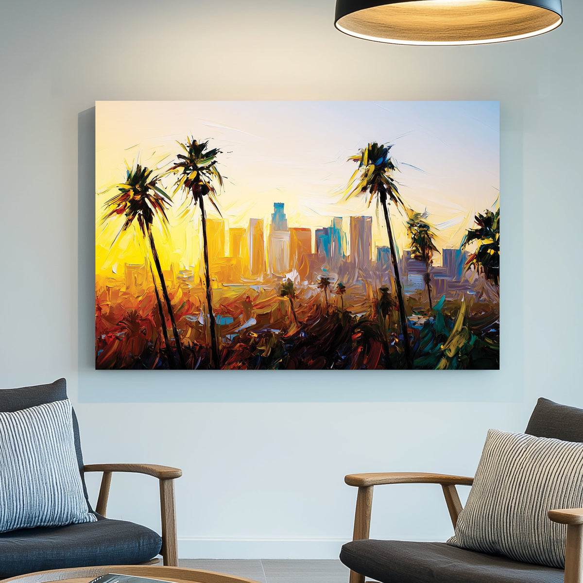 Los Angeles skyline wall art with palm trees at sunset in abstract oil painting style