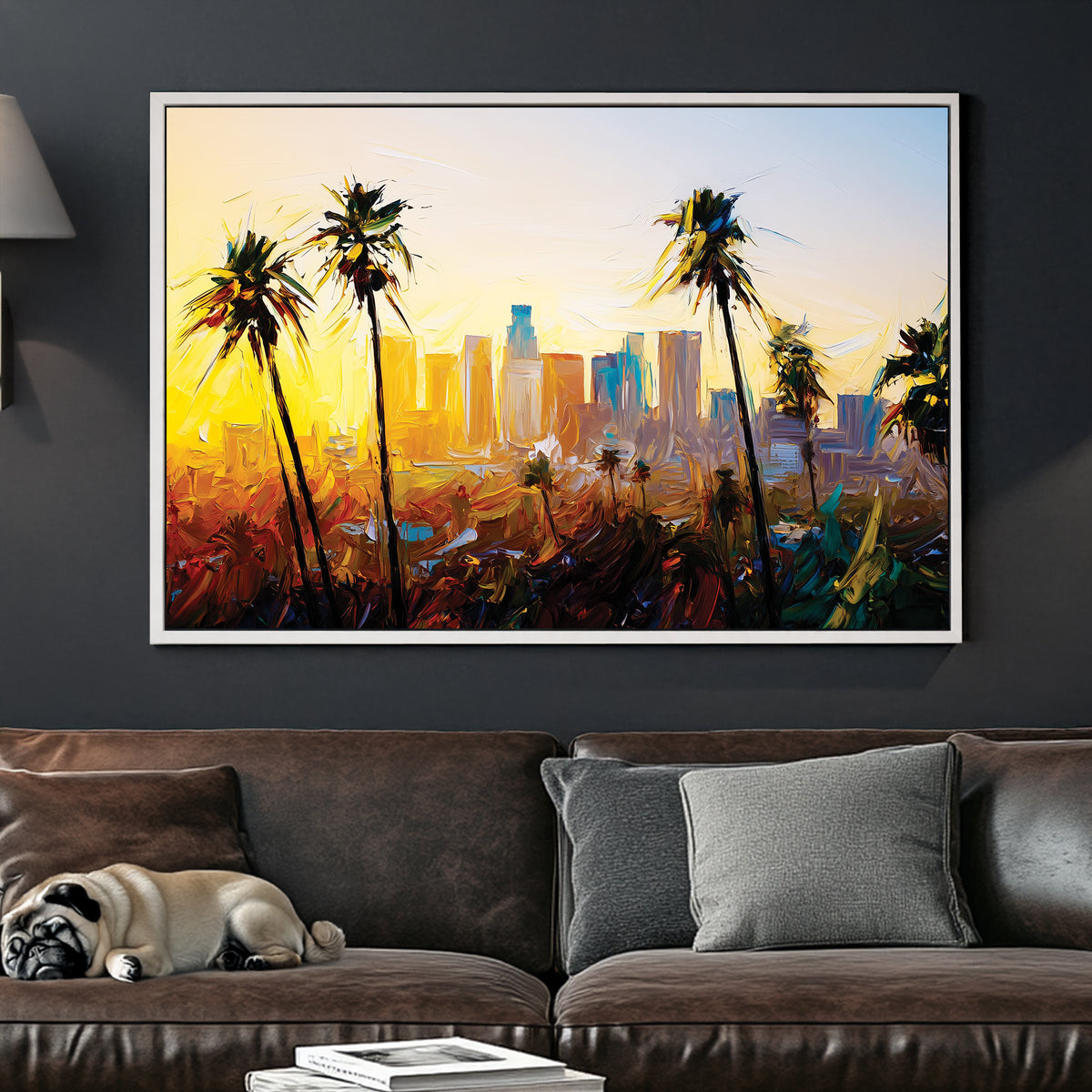 Los Angeles skyline wall art with palm trees at sunset in abstract oil painting style