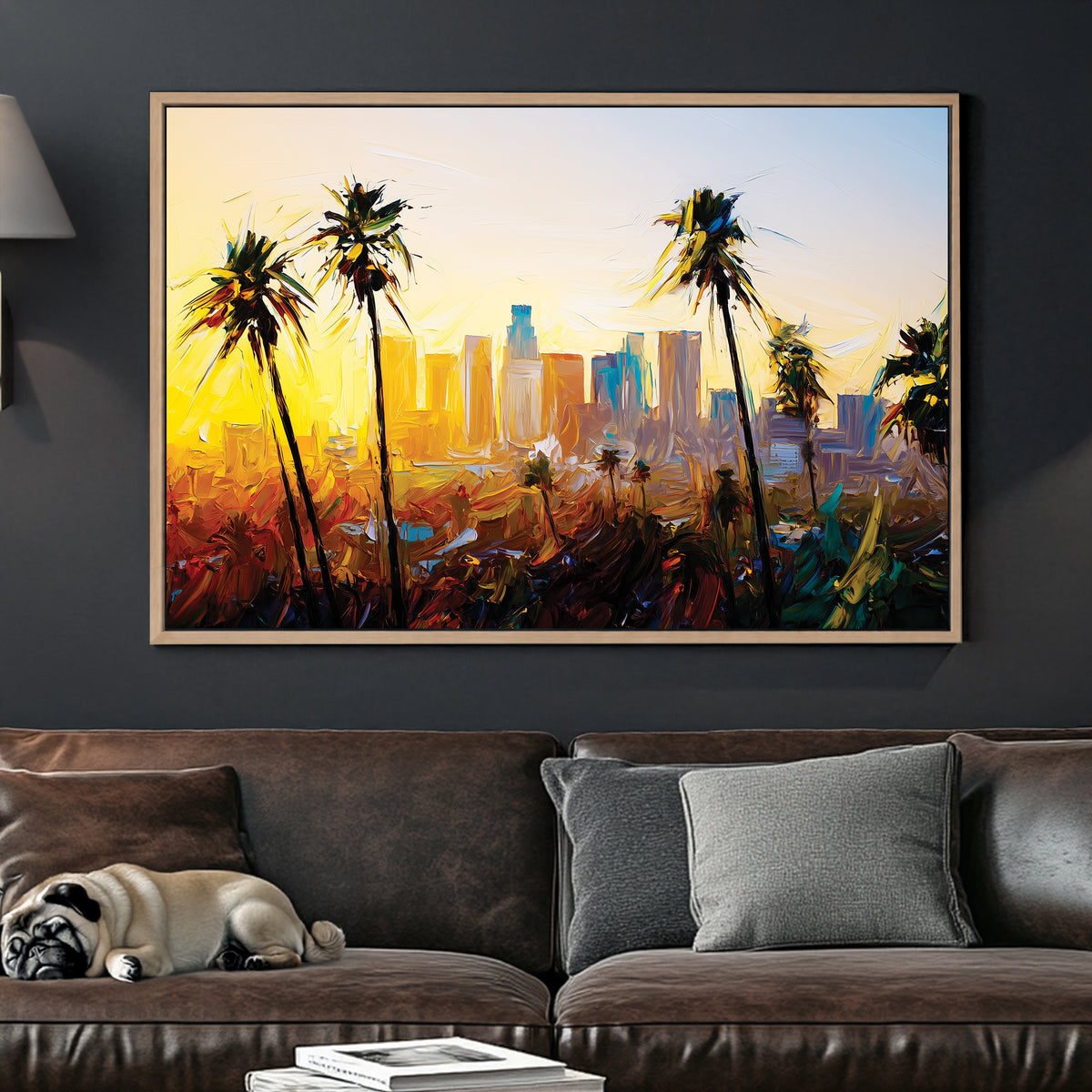 Los Angeles skyline wall art with palm trees at sunset in abstract oil painting style