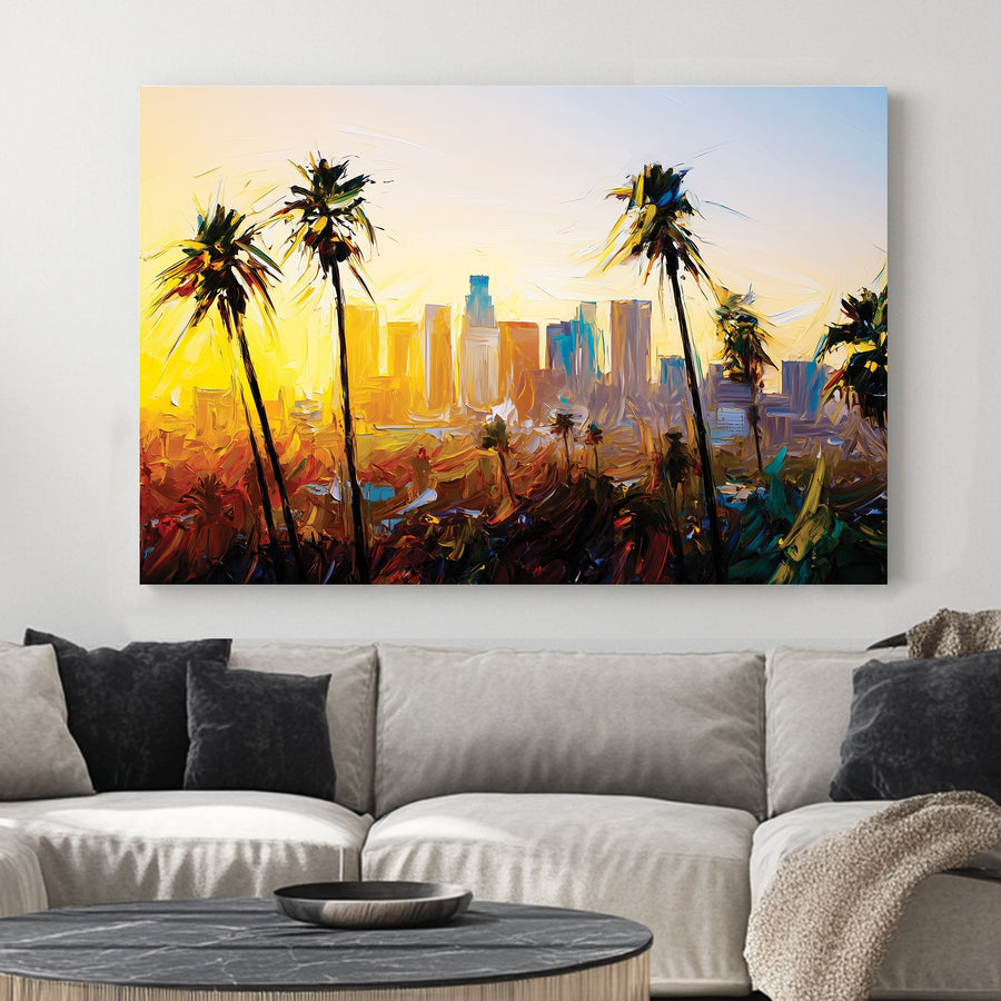 Los Angeles skyline wall art with palm trees at sunset in abstract oil painting style