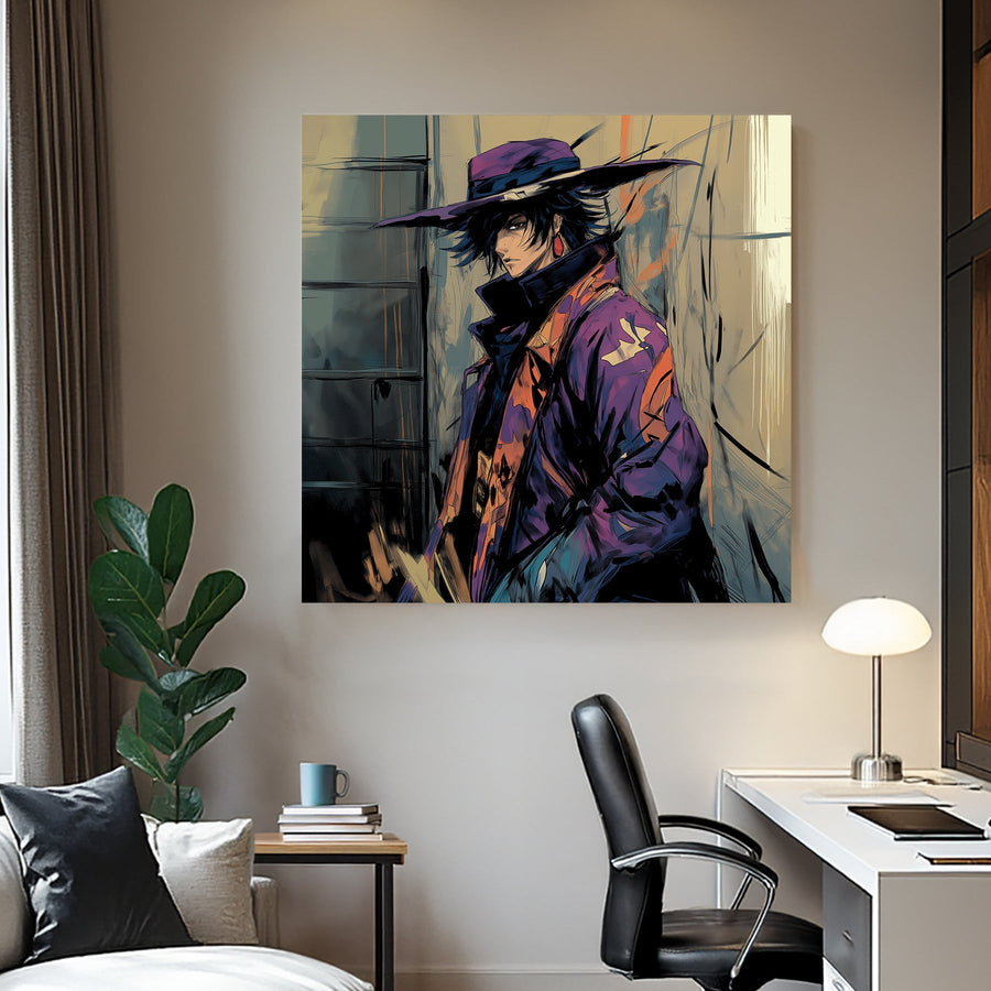 anime-inspired wall art of mysterious character in purple coat and hat in moody alley setting