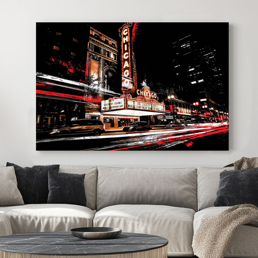 nighttime Chicago wall art featuring neon lights, city traffic, and iconic theatre sign