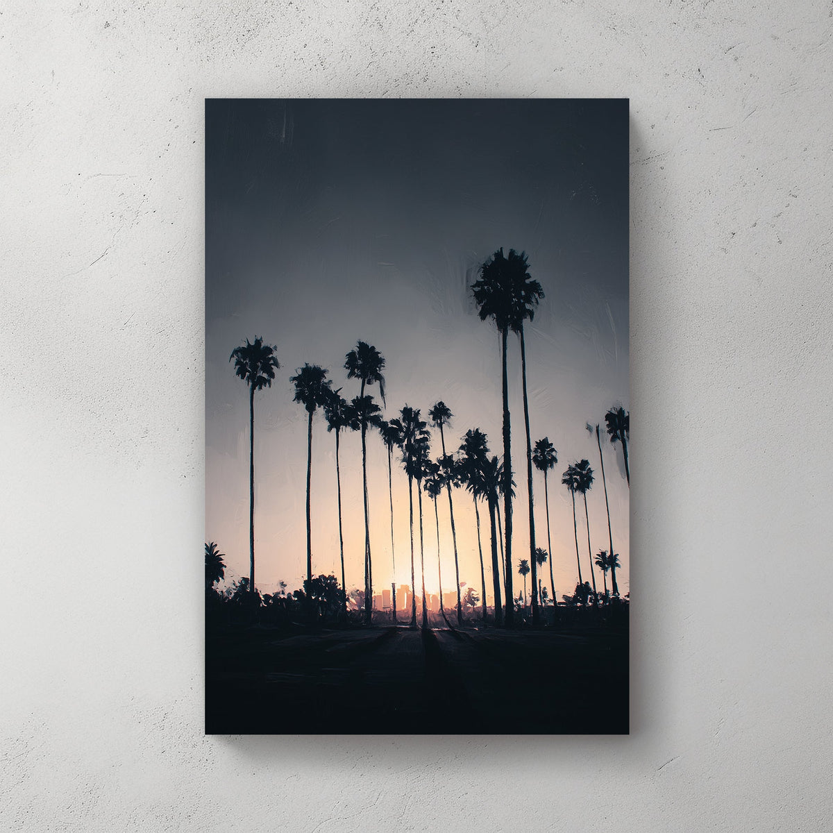 Los Angeles palm tree skyline wall art at sunset with soft dusk tones