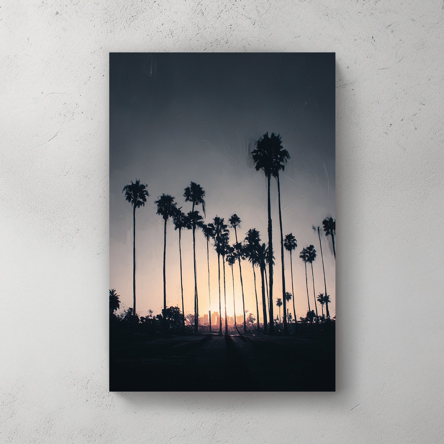 Los Angeles palm tree skyline wall art at sunset with soft dusk tones