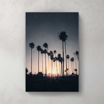 Los Angeles palm tree skyline wall art at sunset with soft dusk tones