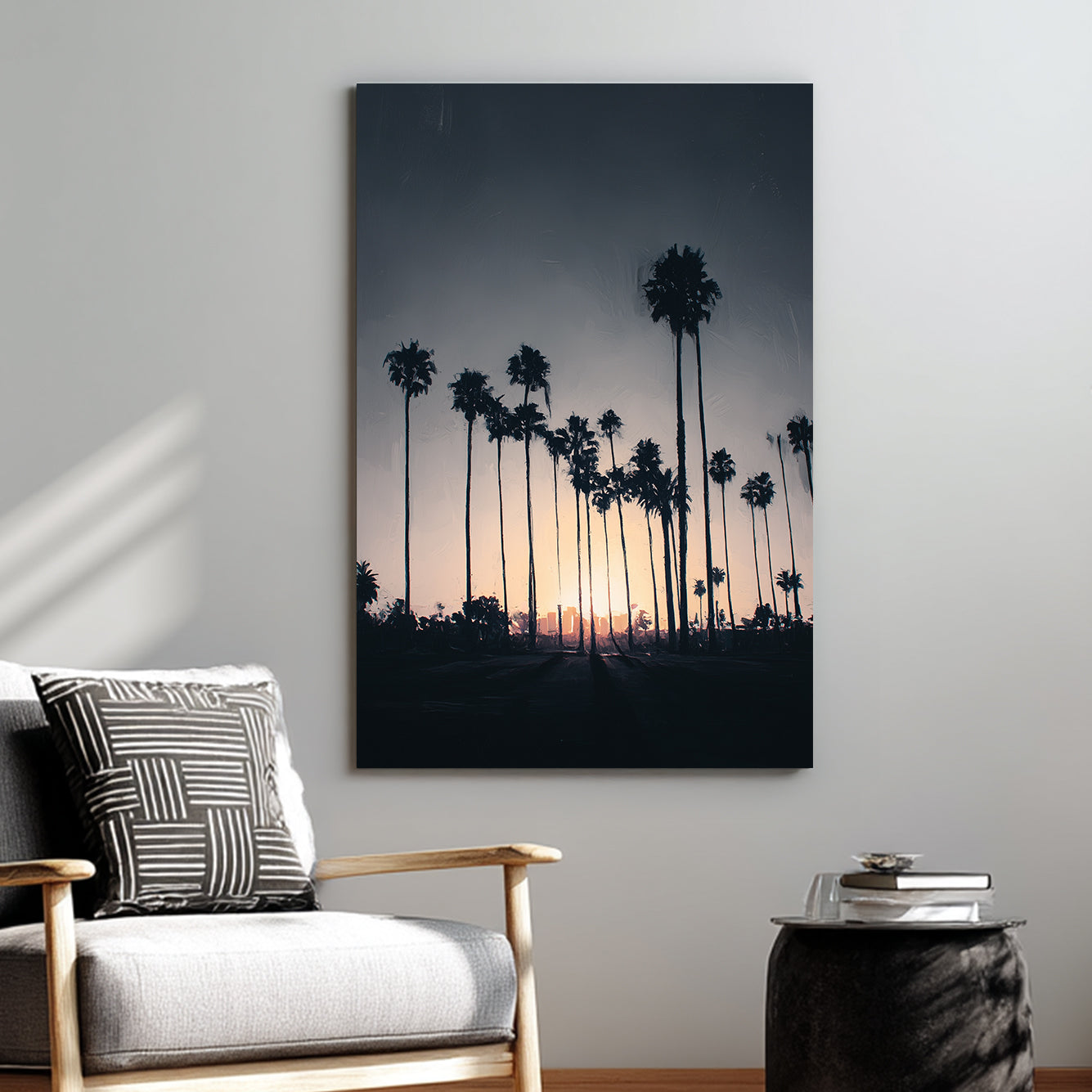 Los Angeles palm tree skyline wall art at sunset with soft dusk tones