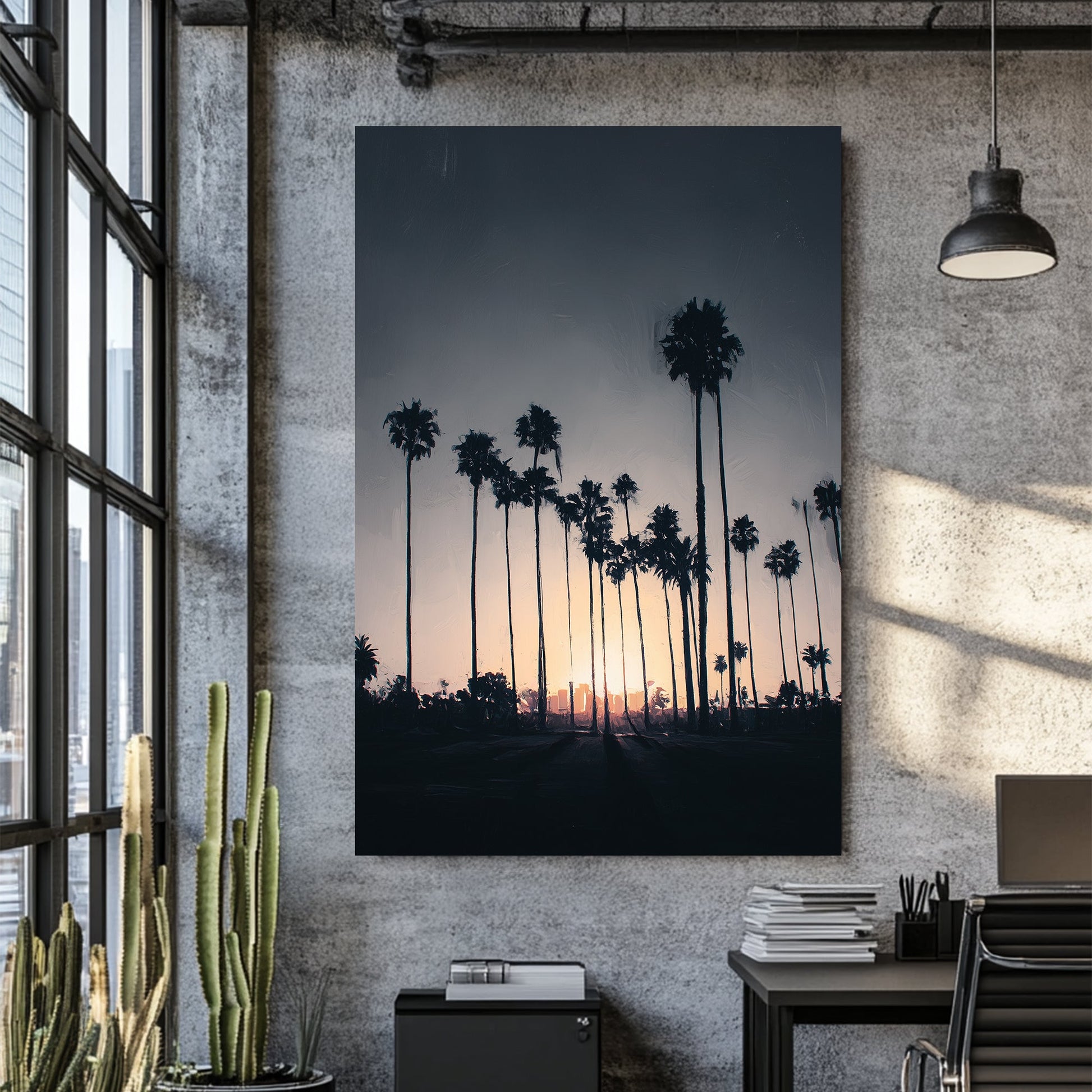 Los Angeles palm tree skyline wall art at sunset with soft dusk tones
