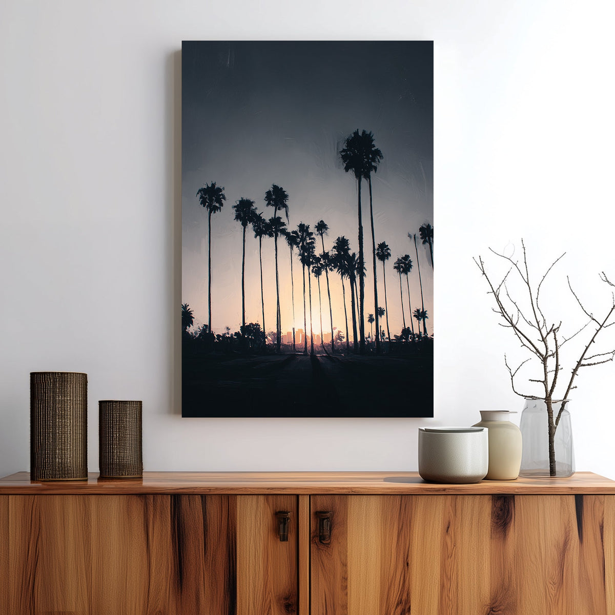 Los Angeles palm tree skyline wall art at sunset with soft dusk tones