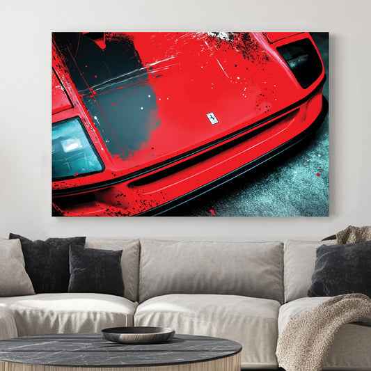 Ferrari F40 close-up hood wall art with grunge red and black paint effects