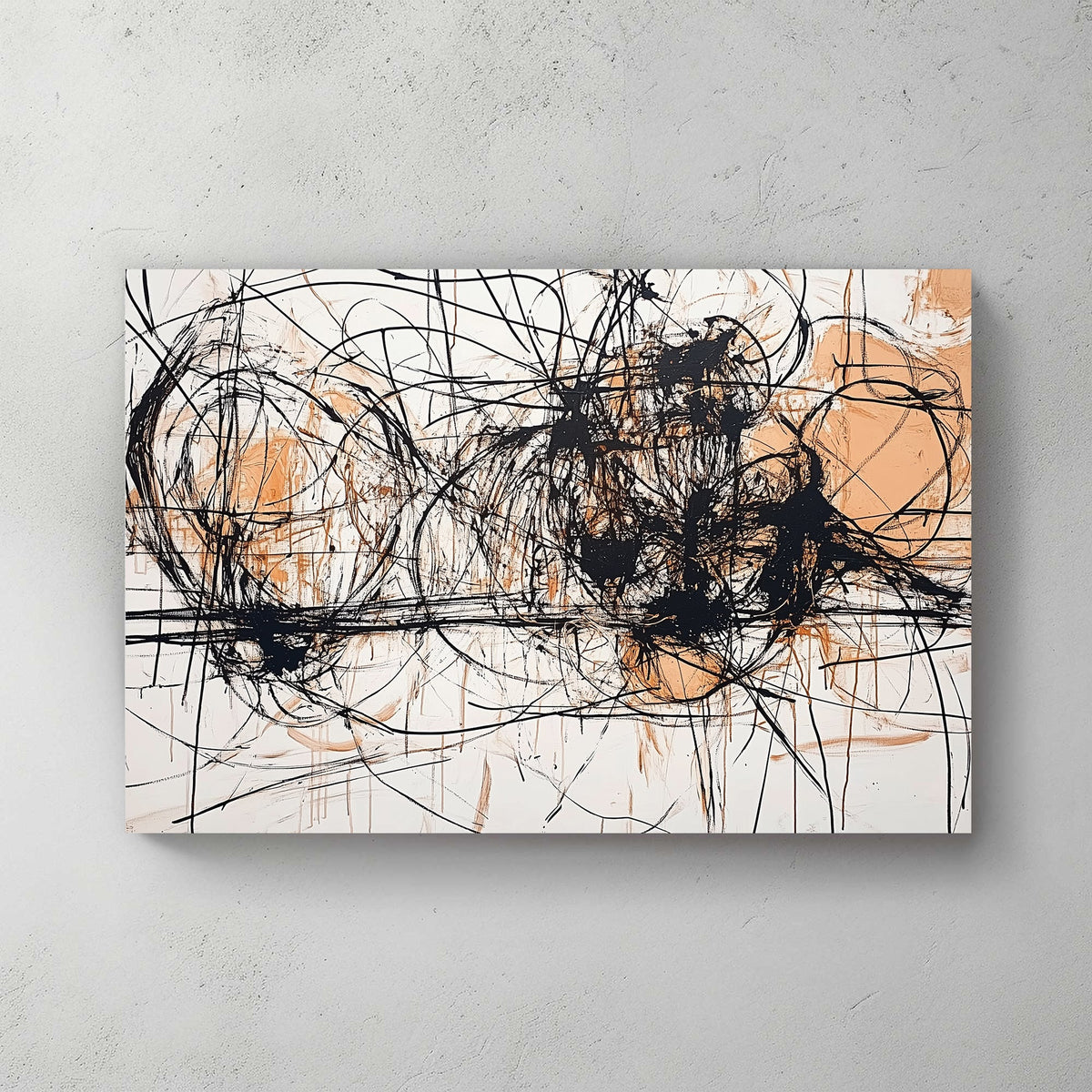 Black and ochre abstract expressionist wall art with chaotic overlapping lines and raw texture