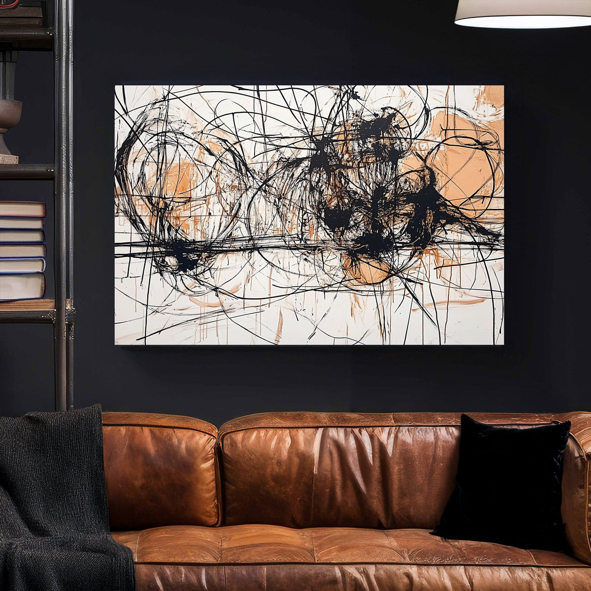 Black and ochre abstract expressionist wall art with chaotic overlapping lines and raw texture