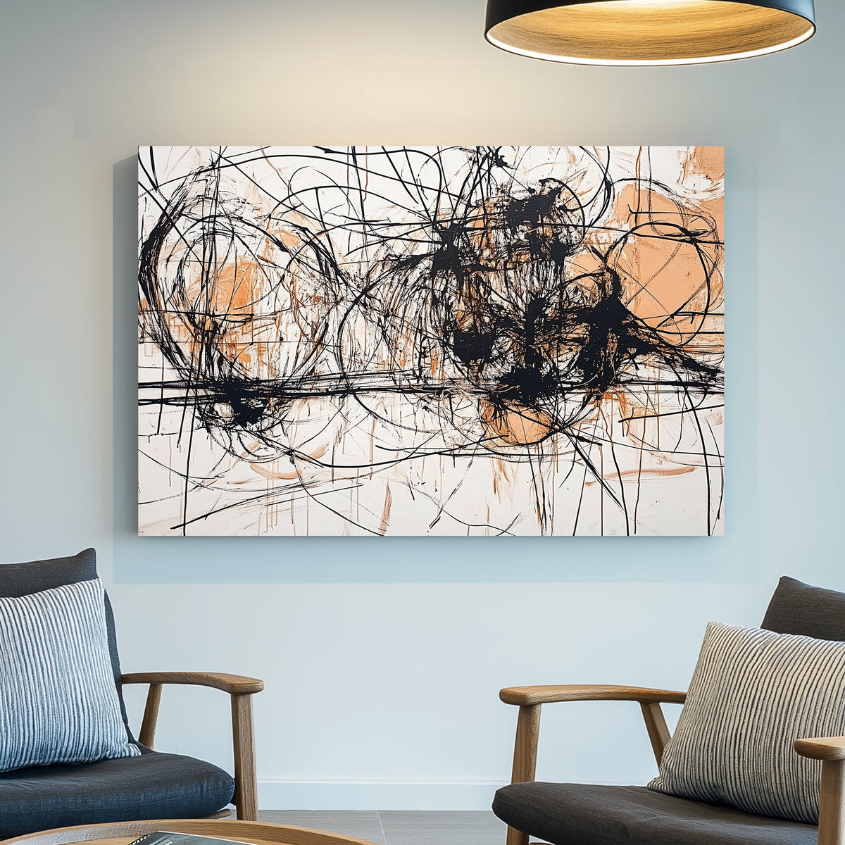 Black and ochre abstract expressionist wall art with chaotic overlapping lines and raw texture