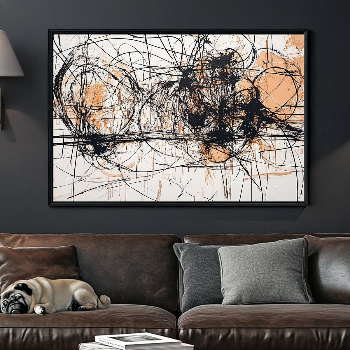 Black and ochre abstract expressionist wall art with chaotic overlapping lines and raw texture