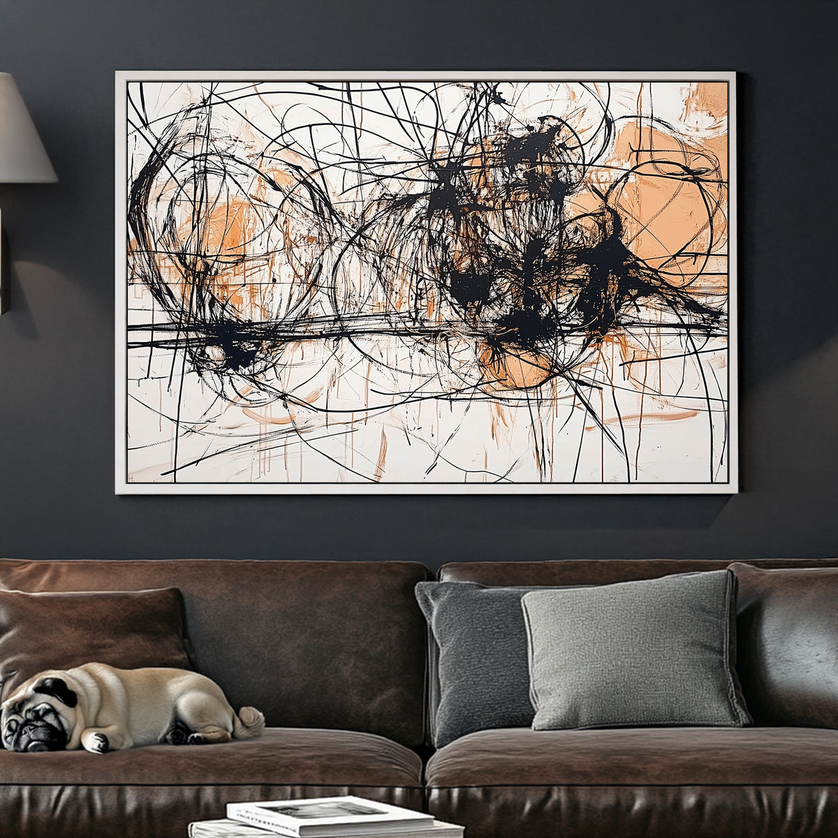 Black and ochre abstract expressionist wall art with chaotic overlapping lines and raw texture