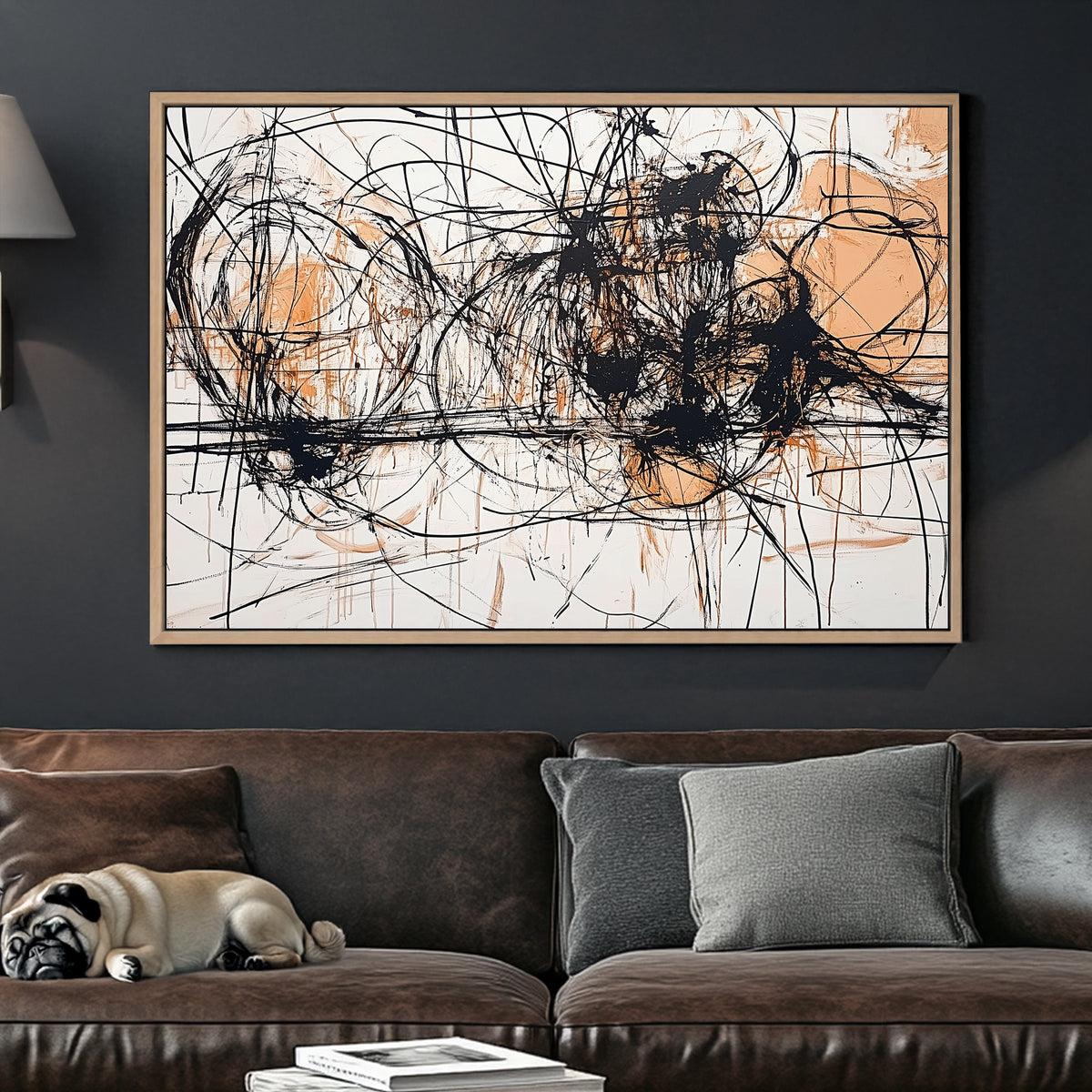 Black and ochre abstract expressionist wall art with chaotic overlapping lines and raw texture