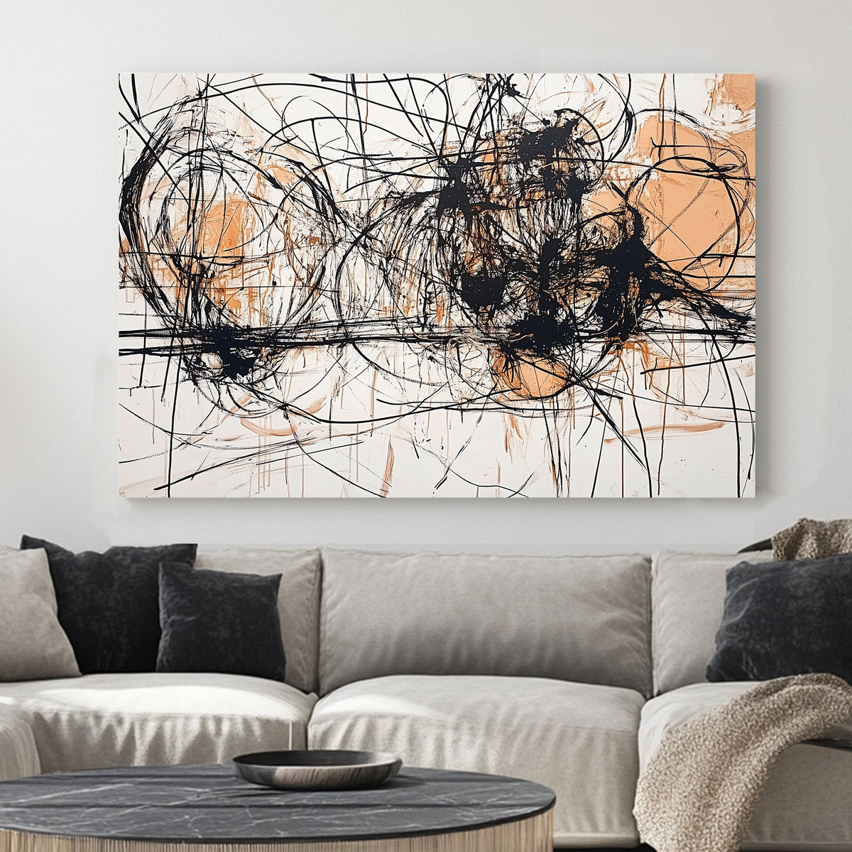 Black and ochre abstract expressionist wall art with chaotic overlapping lines and raw texture