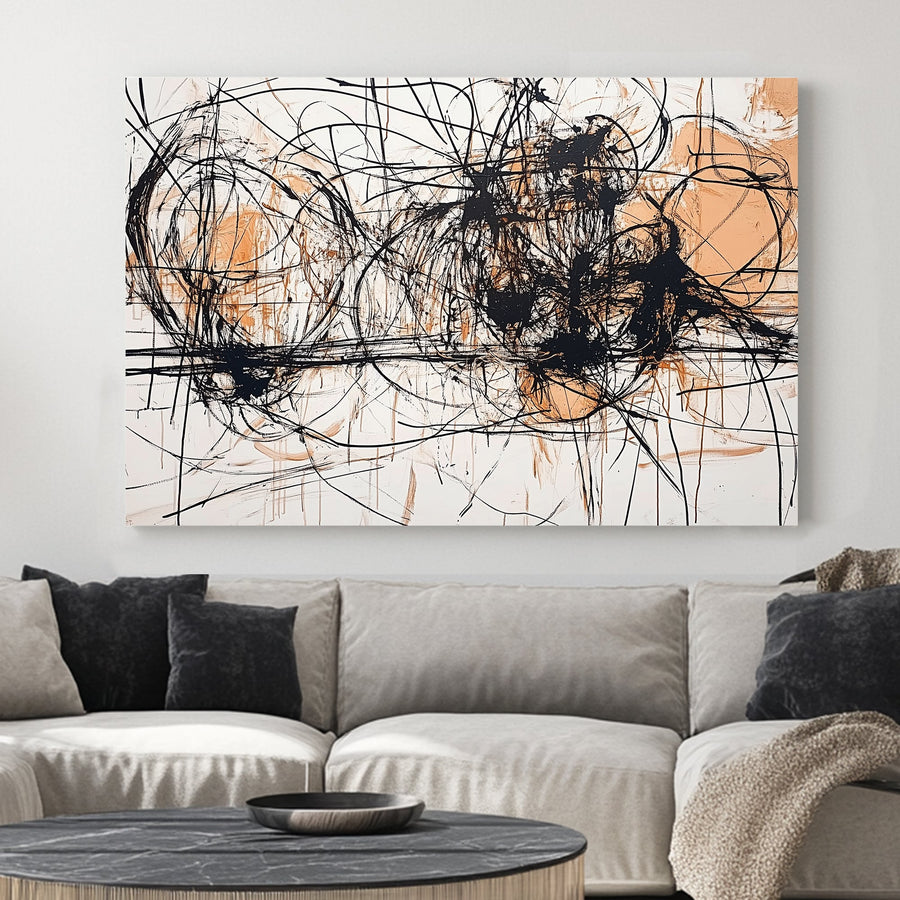 Black and ochre abstract expressionist wall art with chaotic overlapping lines and raw texture