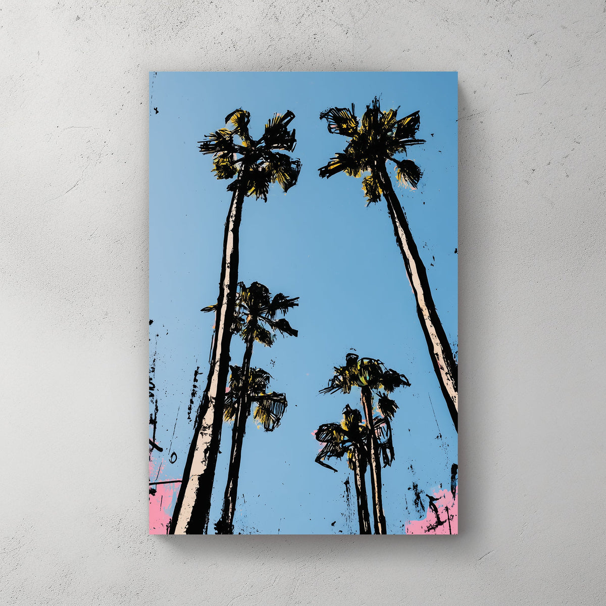 Skyward palm trees against blue sky pop art wall art with bold black outlines and pastel accents