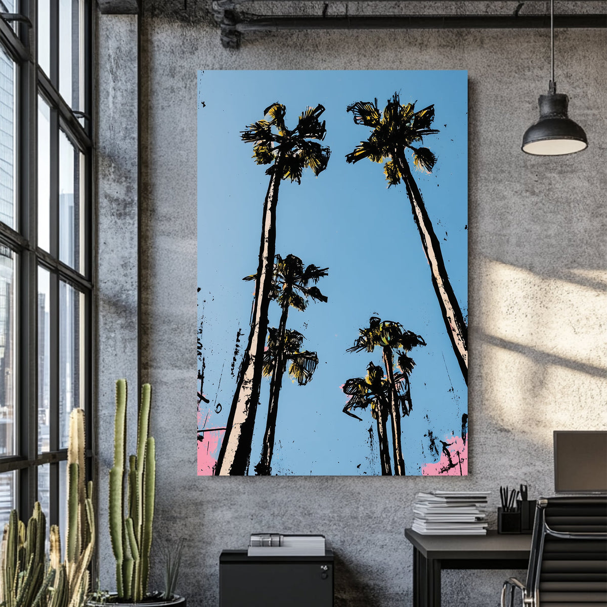 Skyward palm trees against blue sky pop art wall art with bold black outlines and pastel accents