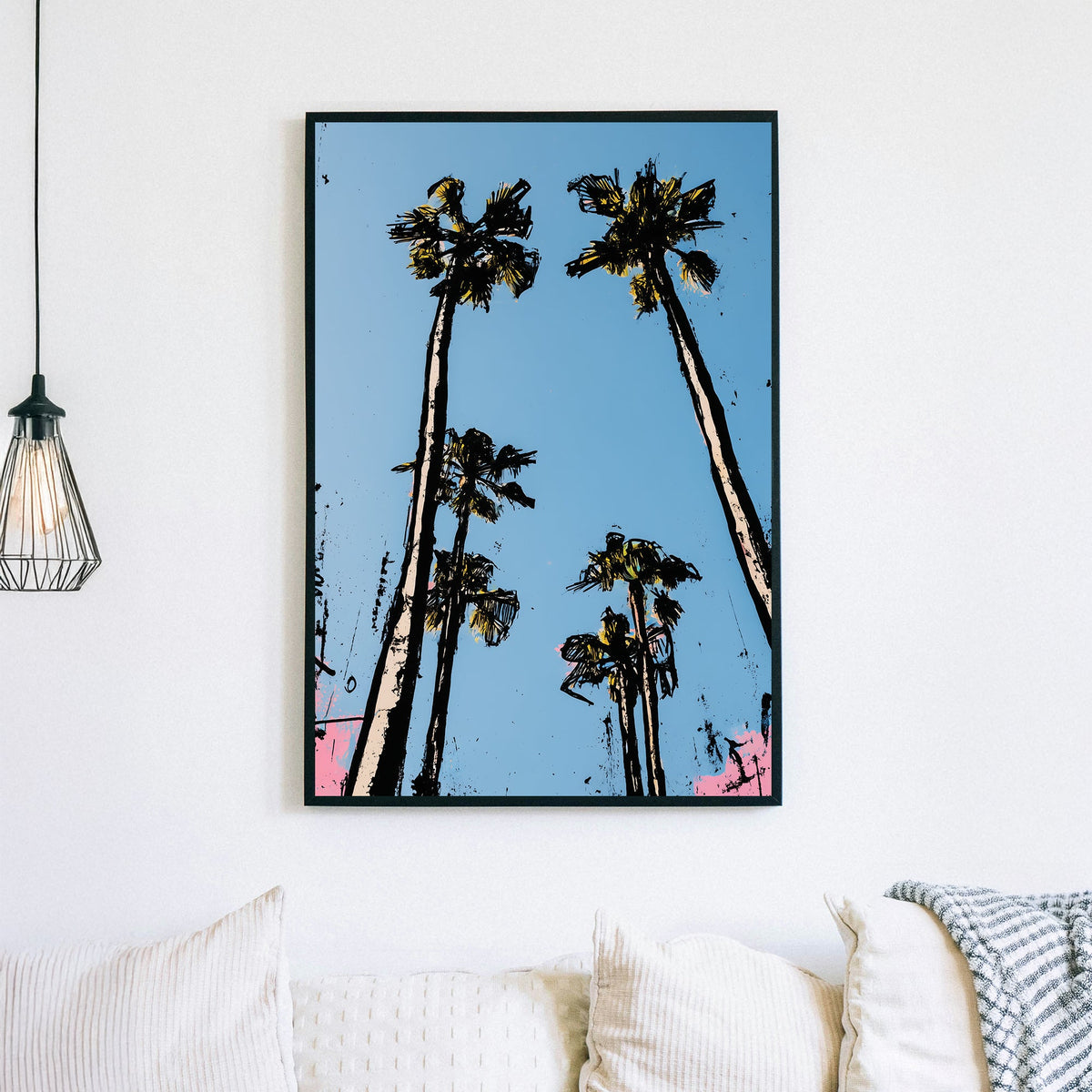 Skyward palm trees against blue sky pop art wall art with bold black outlines and pastel accents