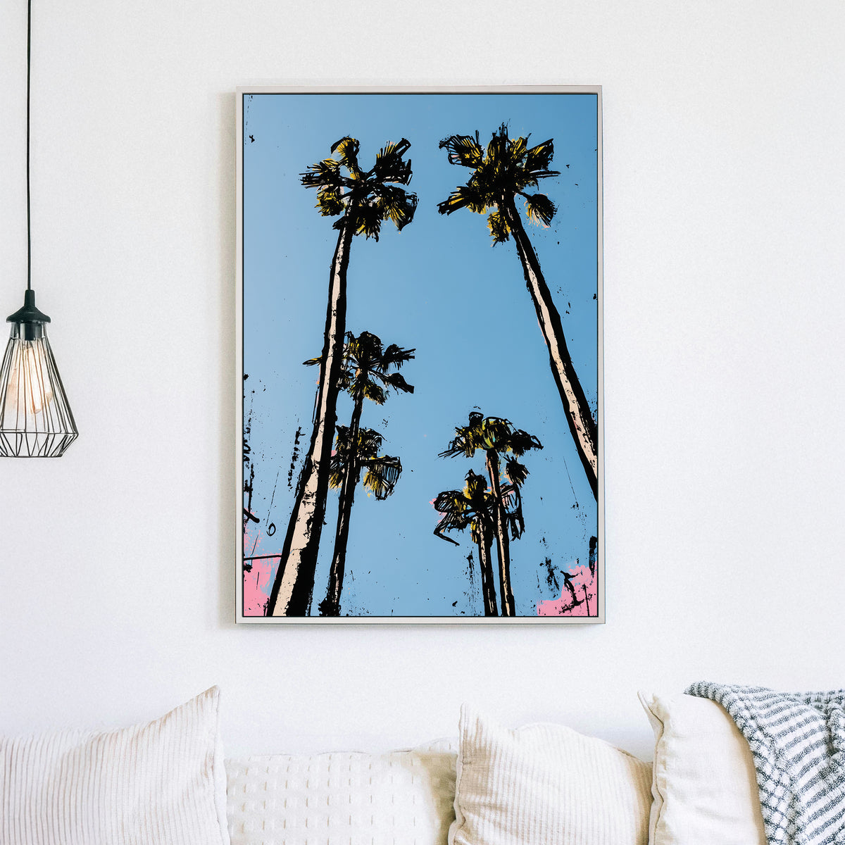 Skyward palm trees against blue sky pop art wall art with bold black outlines and pastel accents