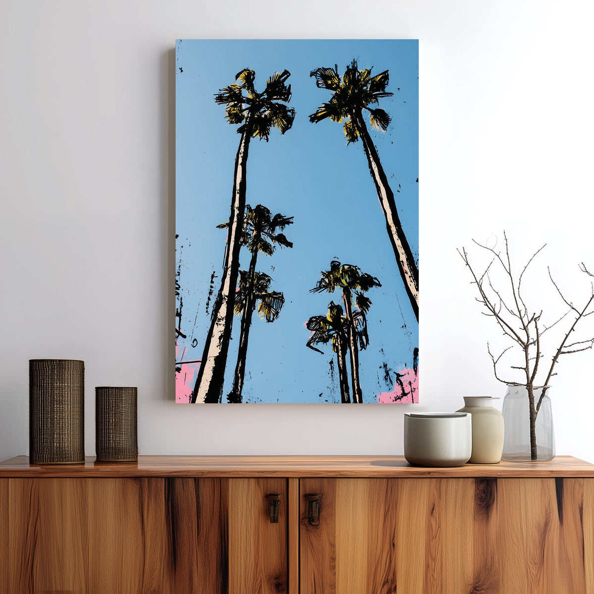 Skyward palm trees against blue sky pop art wall art with bold black outlines and pastel accents