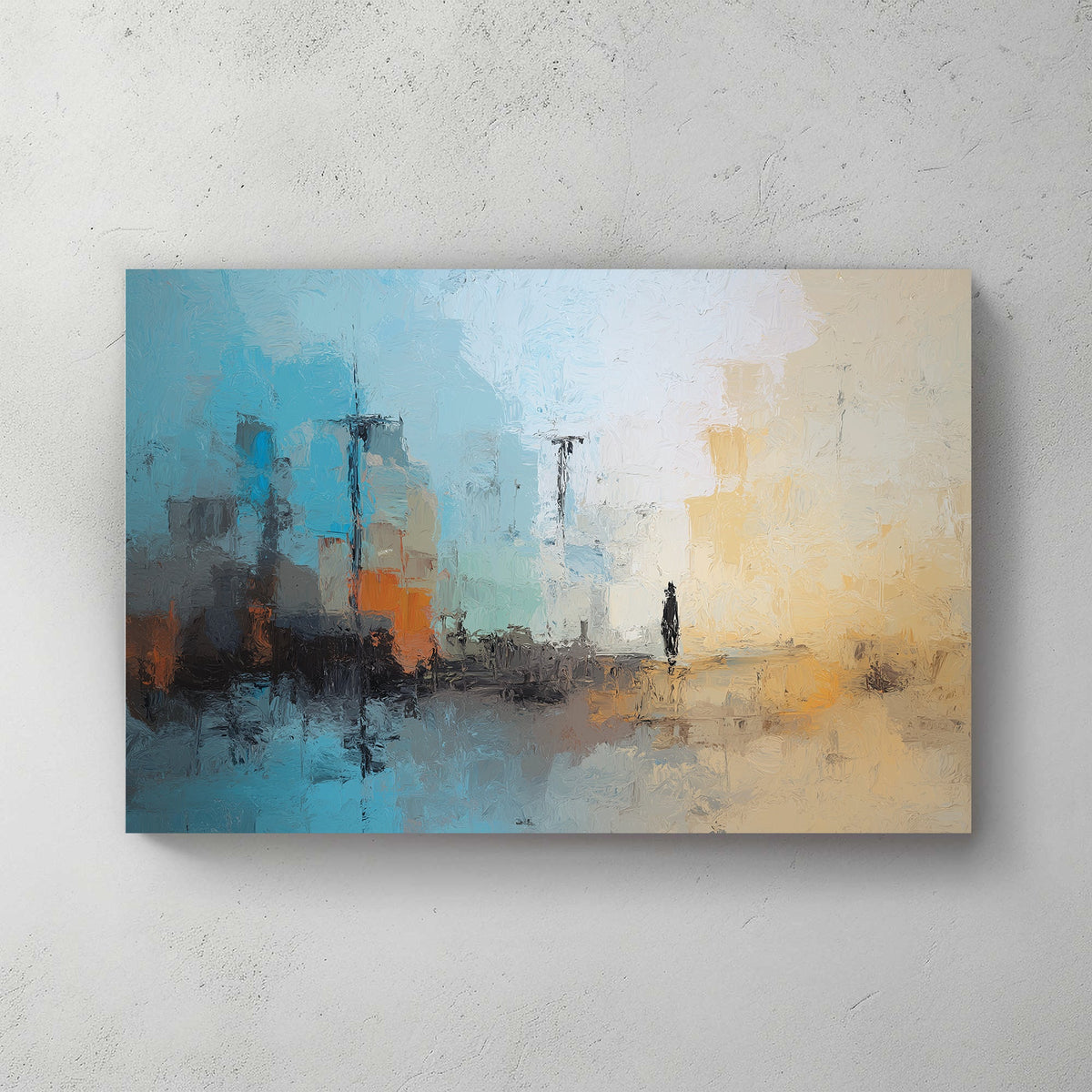 Abstract cityscape with figure in soft blue and beige tones wall art