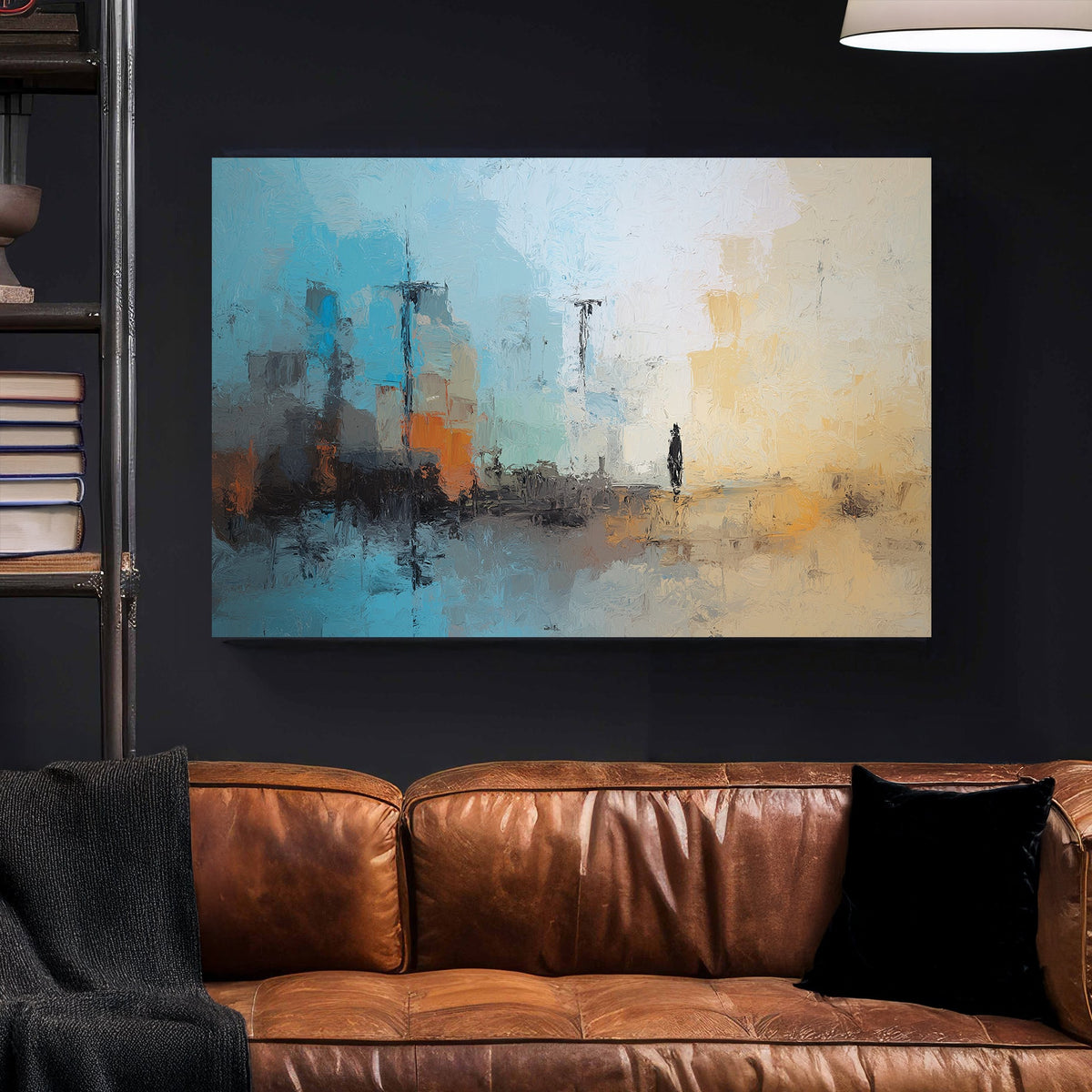 Abstract cityscape with figure in soft blue and beige tones wall art