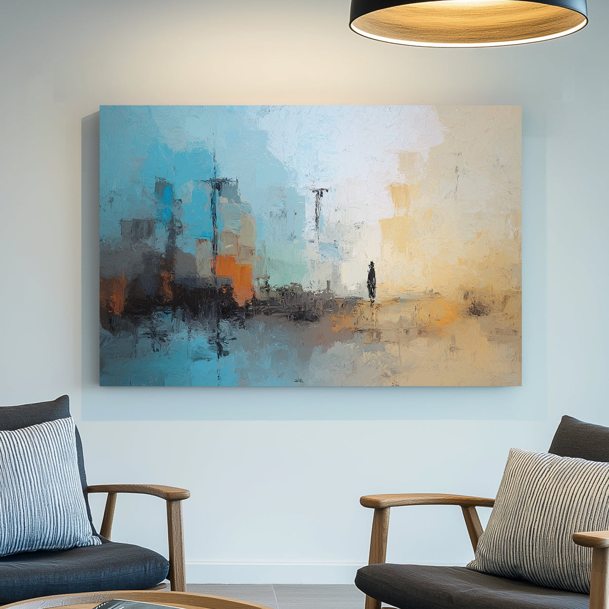 Abstract cityscape with figure in soft blue and beige tones wall art