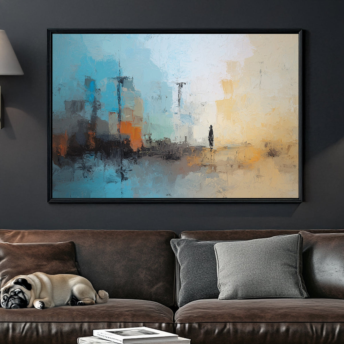 Abstract cityscape with figure in soft blue and beige tones wall art