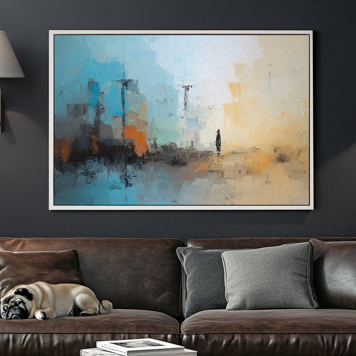 Abstract cityscape with figure in soft blue and beige tones wall art