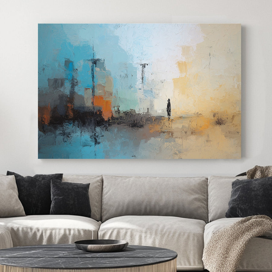 Abstract cityscape with figure in soft blue and beige tones wall art