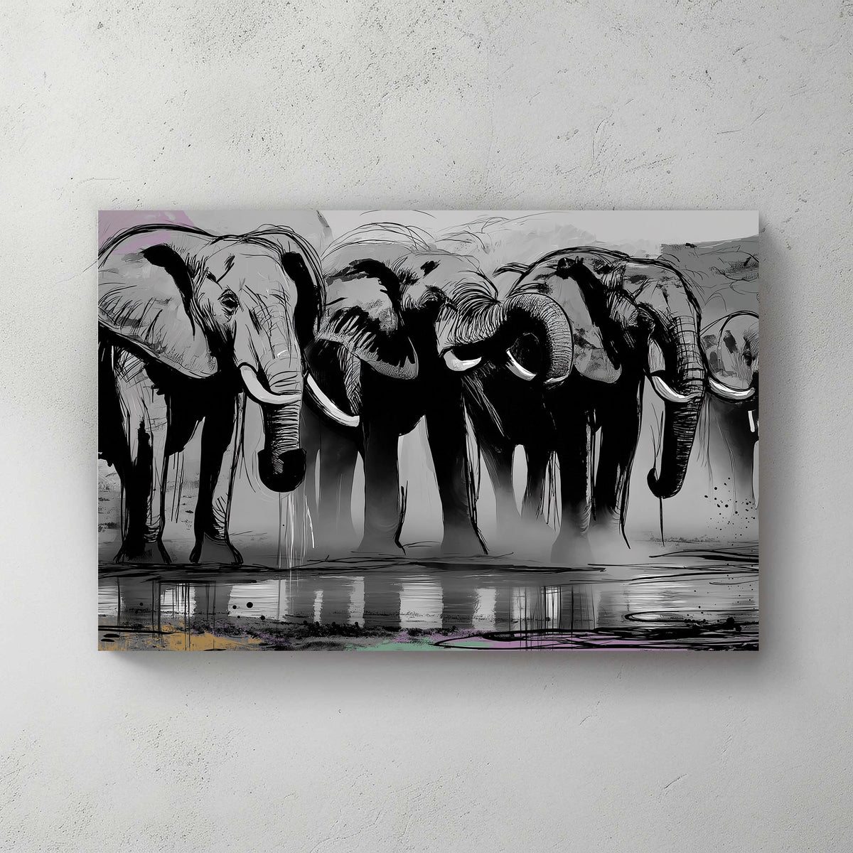 Black and white elephant herd illustration wall art