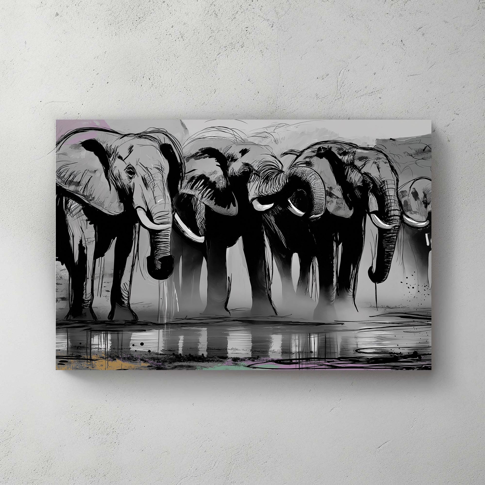 Black and white elephant herd illustration wall art