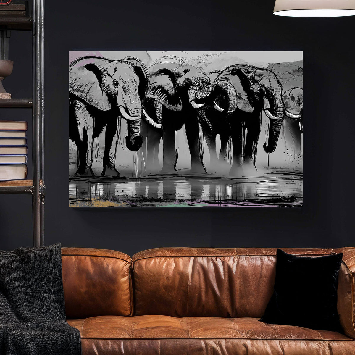 Black and white elephant herd illustration wall art