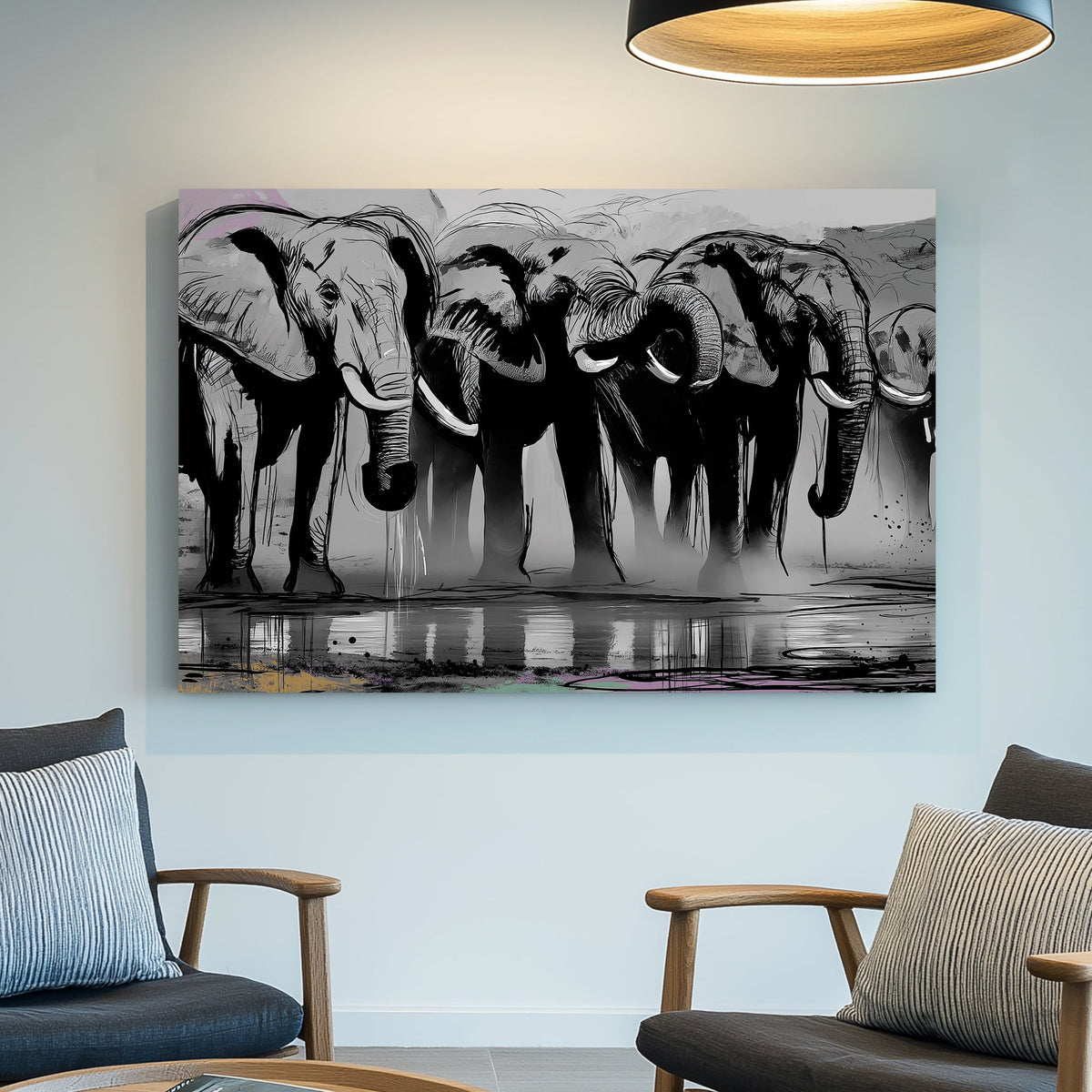 Black and white elephant herd illustration wall art