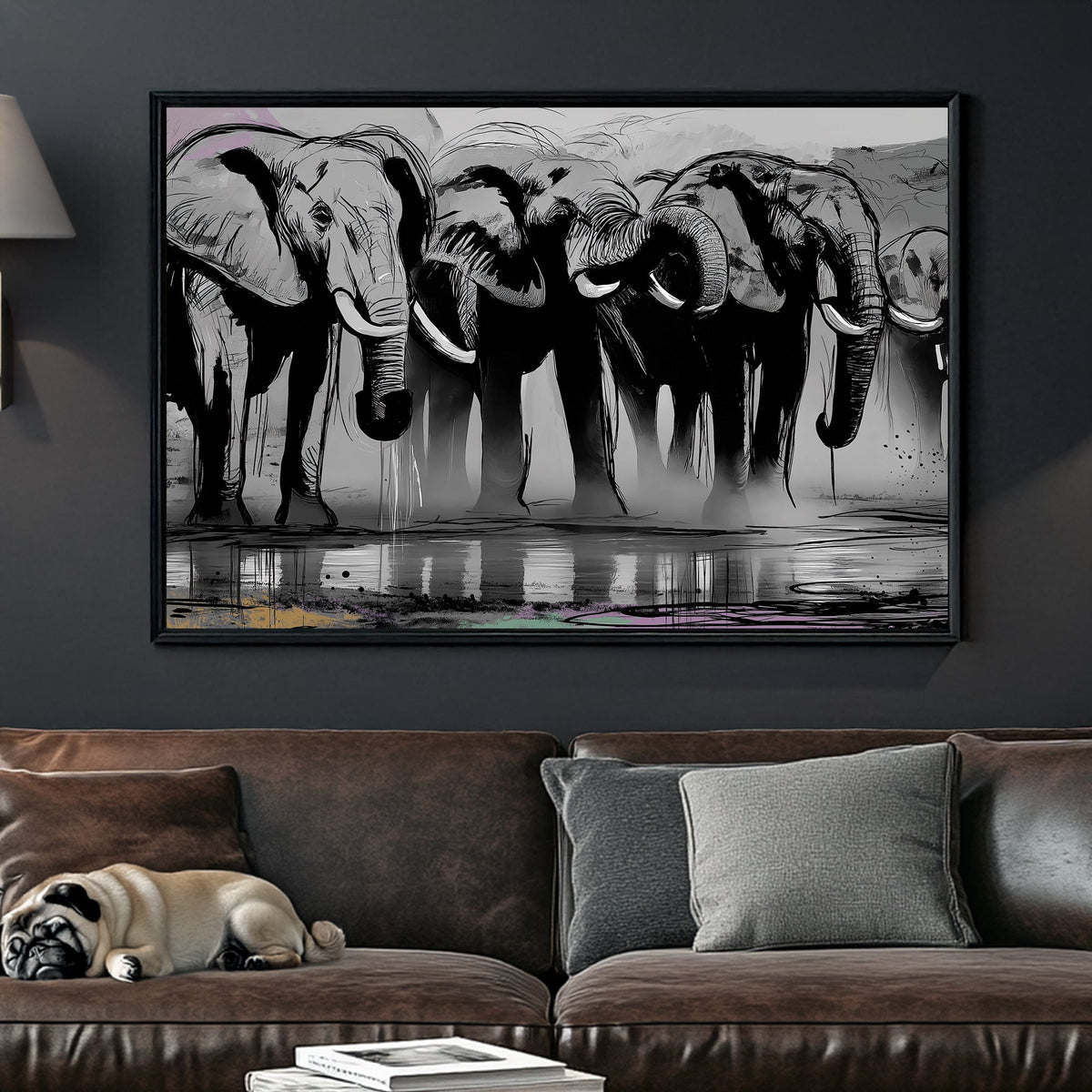 Black and white elephant herd illustration wall art