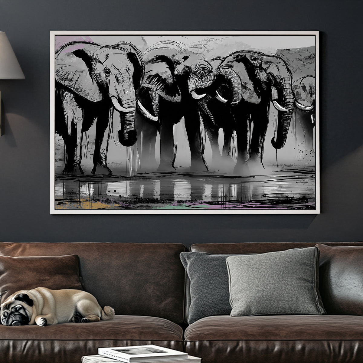 Black and white elephant herd illustration wall art