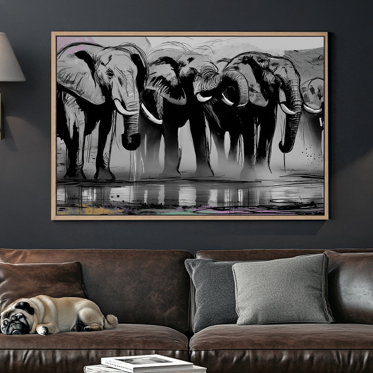 Black and white elephant herd illustration wall art