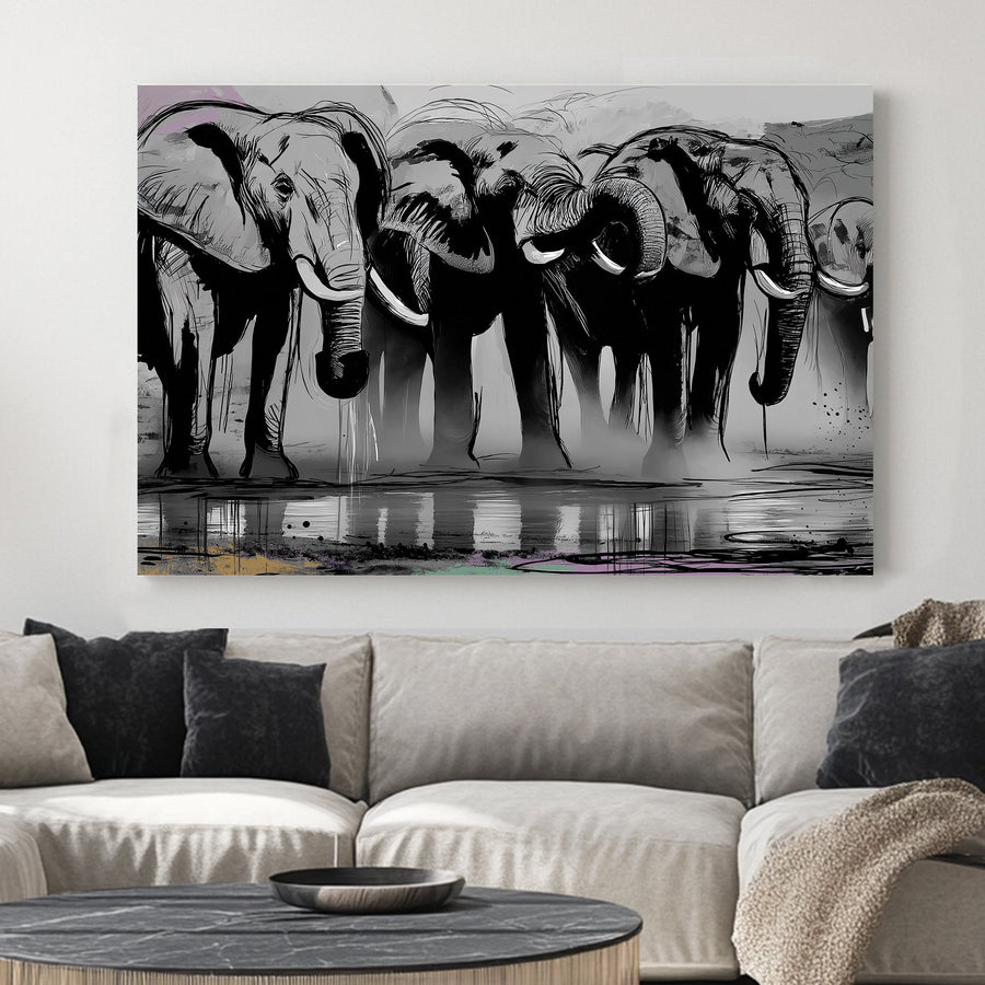 Black and white elephant herd illustration wall art