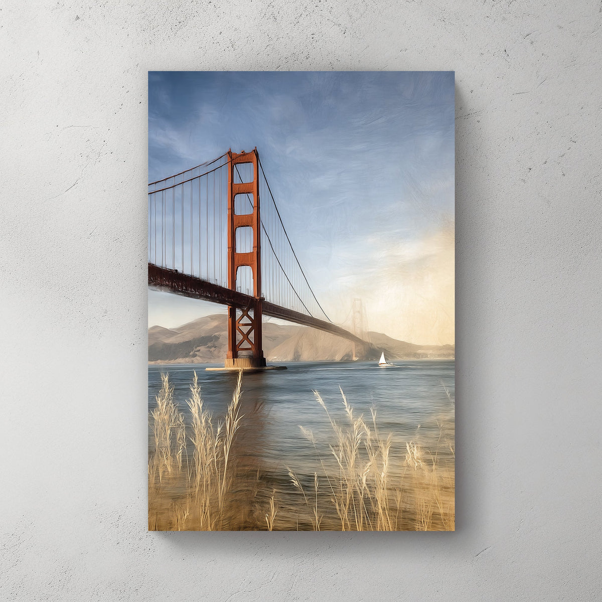 Golden Gate Bridge California coastal wall art with sailboat