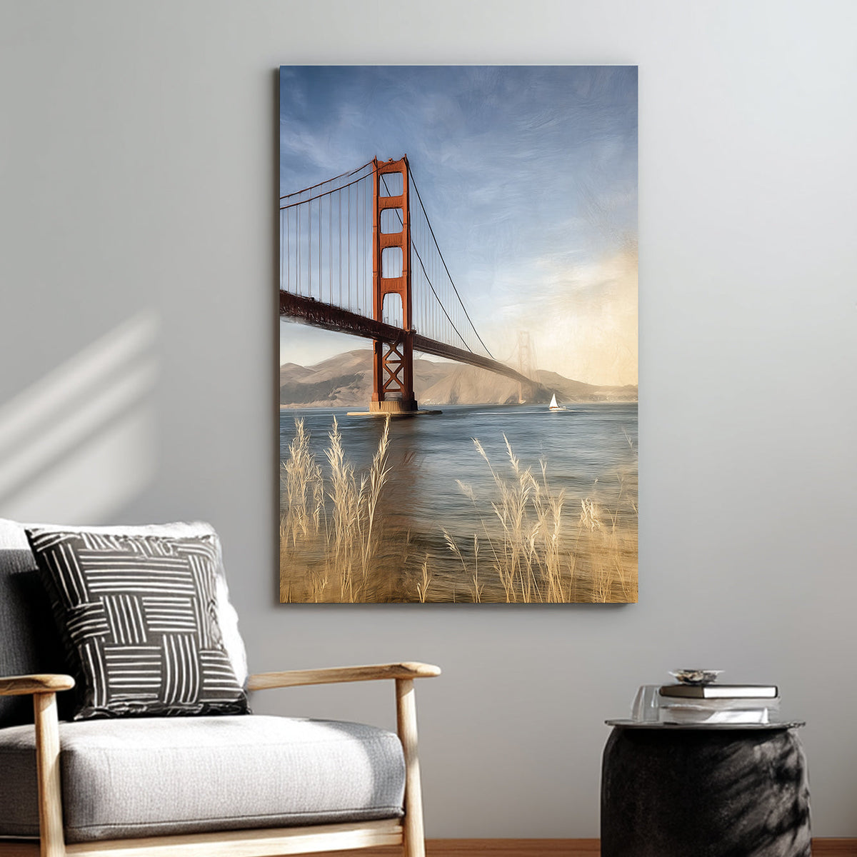 Golden Gate Bridge California coastal wall art with sailboat