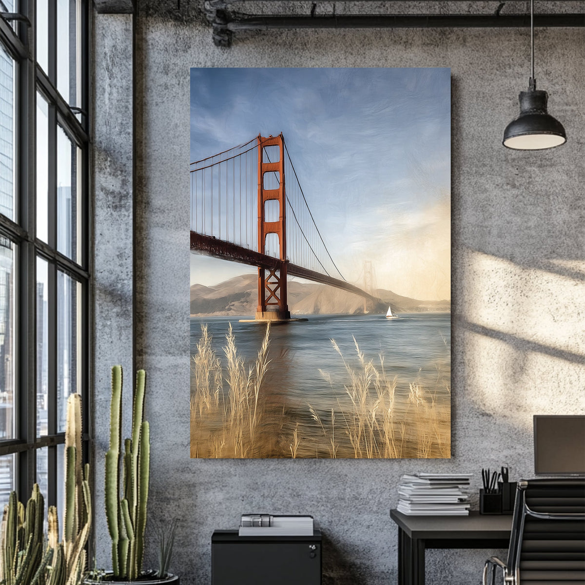 Golden Gate Bridge California coastal wall art with sailboat