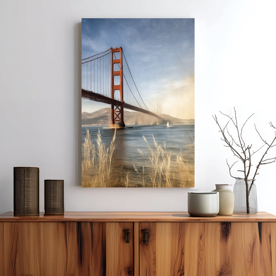 Golden Gate Bridge California coastal wall art with sailboat