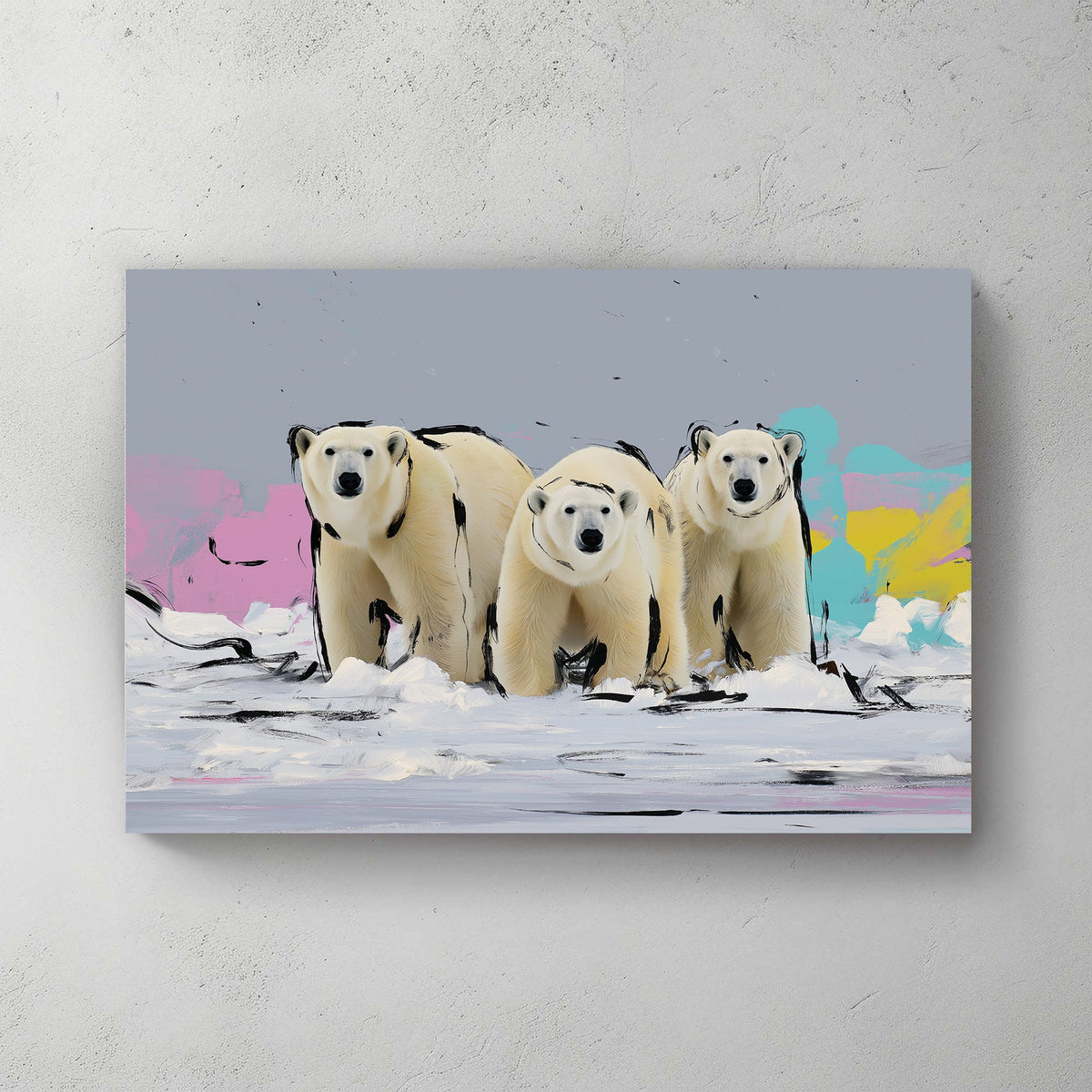 three polar bears pop art wall art in snowy arctic with pastel background